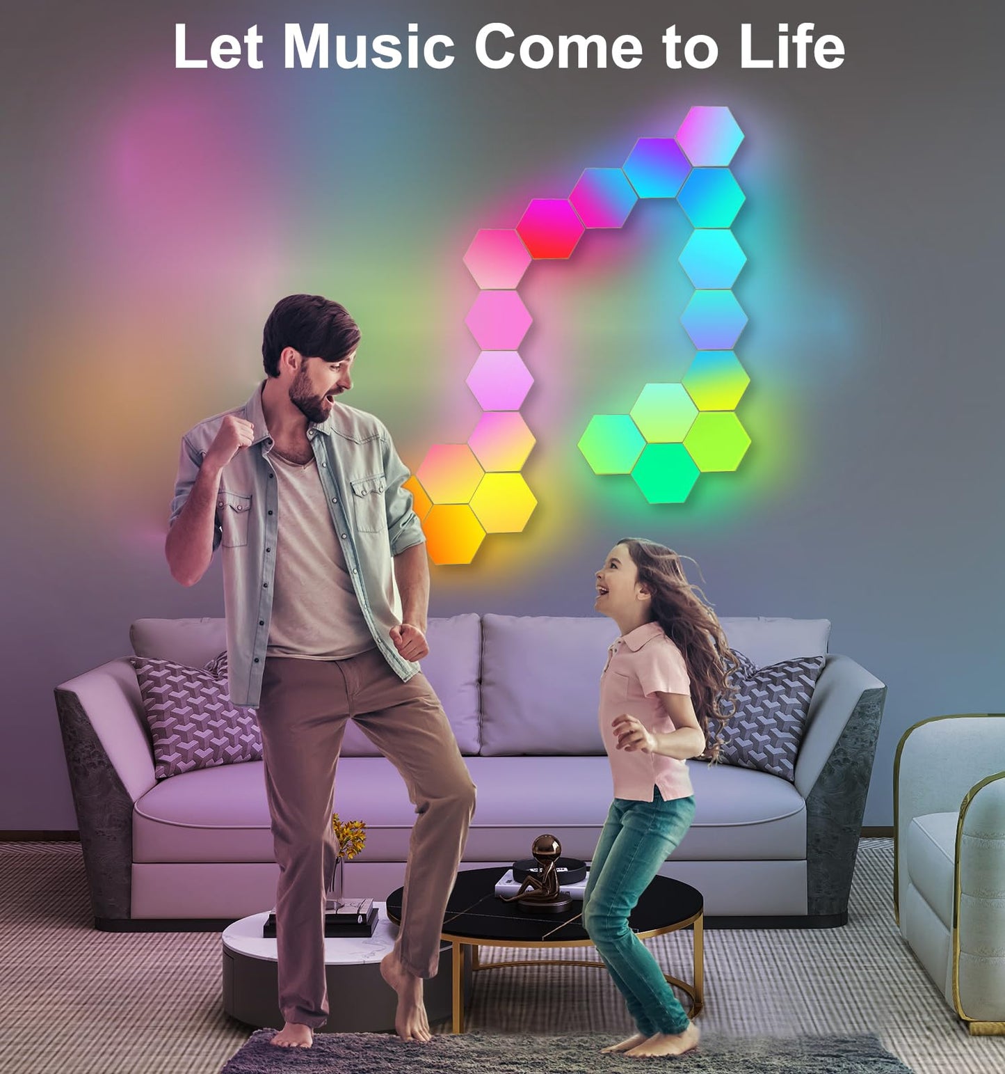 Large Hexagon LED Lights for Bedroom, Smart Home Gaming LED Wall Lights RGB-IC Gaming Room Decor Work with Alexa Google Assistant, Voice/App Control, Music Sync, DIY Modular Light Panels, 10 Pack