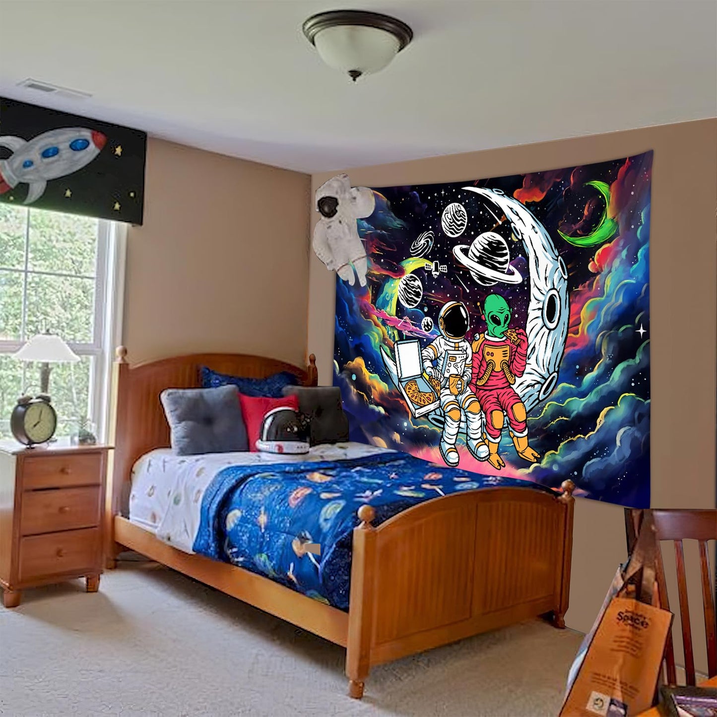 Sanzugh Funny Space Astronaut Alien Tapestry for Men Guys Bedroom, Cool Trippy Universe Planet Art Tapestries Wall Hanging College Dorm Boys Room Decor 60"X40", Psychedelic Blacklight Galaxy Poster