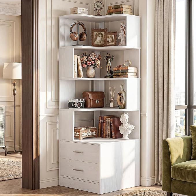 Armocity Corner Bookshelf with Drawers, 7 Tier Corner Book Shelf Display Bookcase, Freestanding L Shaped Bookshelf for Bedroom, Home Office, White