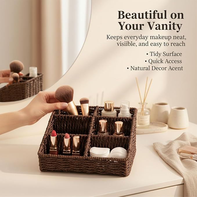 Makeup Organizer, Hand-woven Wicker Basket for Dresser Vanity and Bathroom Countertop, 6 Compartment Skincare Organizer Cosmetic Display Case, Beauty Holder for Lipstick Brush Eyeshadow - Brown