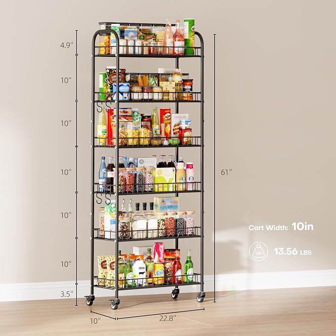 6-Tier Slim Storage Cart, Rolling Kitchen Cart with Wheels, Narrow Metal Shelf Organizer with Hooks for Kitchen, Bathroom, Living Room, Laundry, Small Spaces (Black, 10 in)