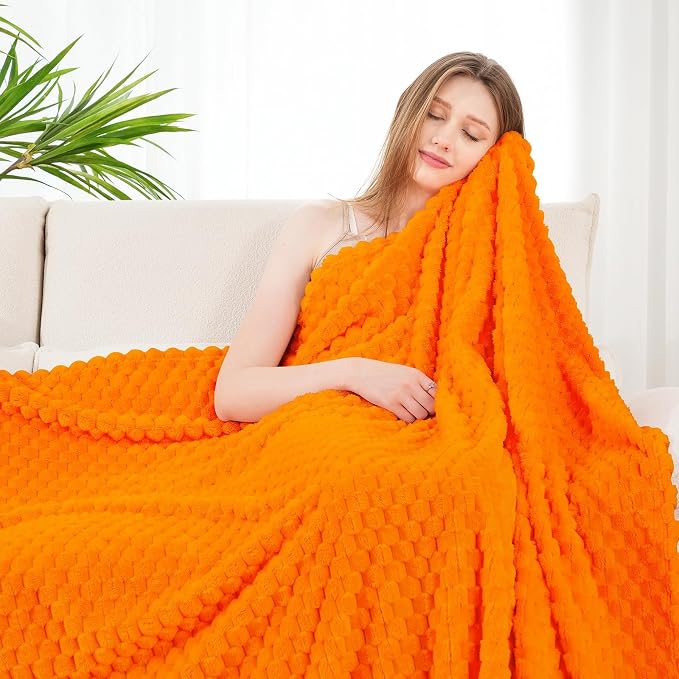 Zyrah Orange Fleece Twin for Couch Super Soft Twin Blanket 3D Imitation Turtle Shell Jacquard Decorative Cozy Blankets for Sofa Chair Bed 60x80 Inches