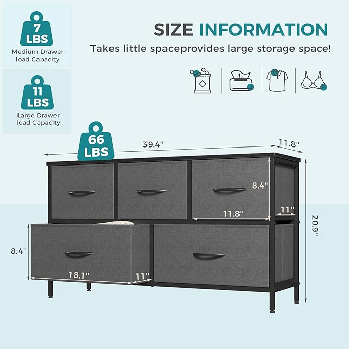 OLIXIS Dresser for Bedroom with 5 Drawers, Wide Chest of Drawers, Fabric Bedroom Dresser with Drawer Organizers, Storage Organizer Unit with Fabric Bins for Closet, Living Room, Hallway,Grey