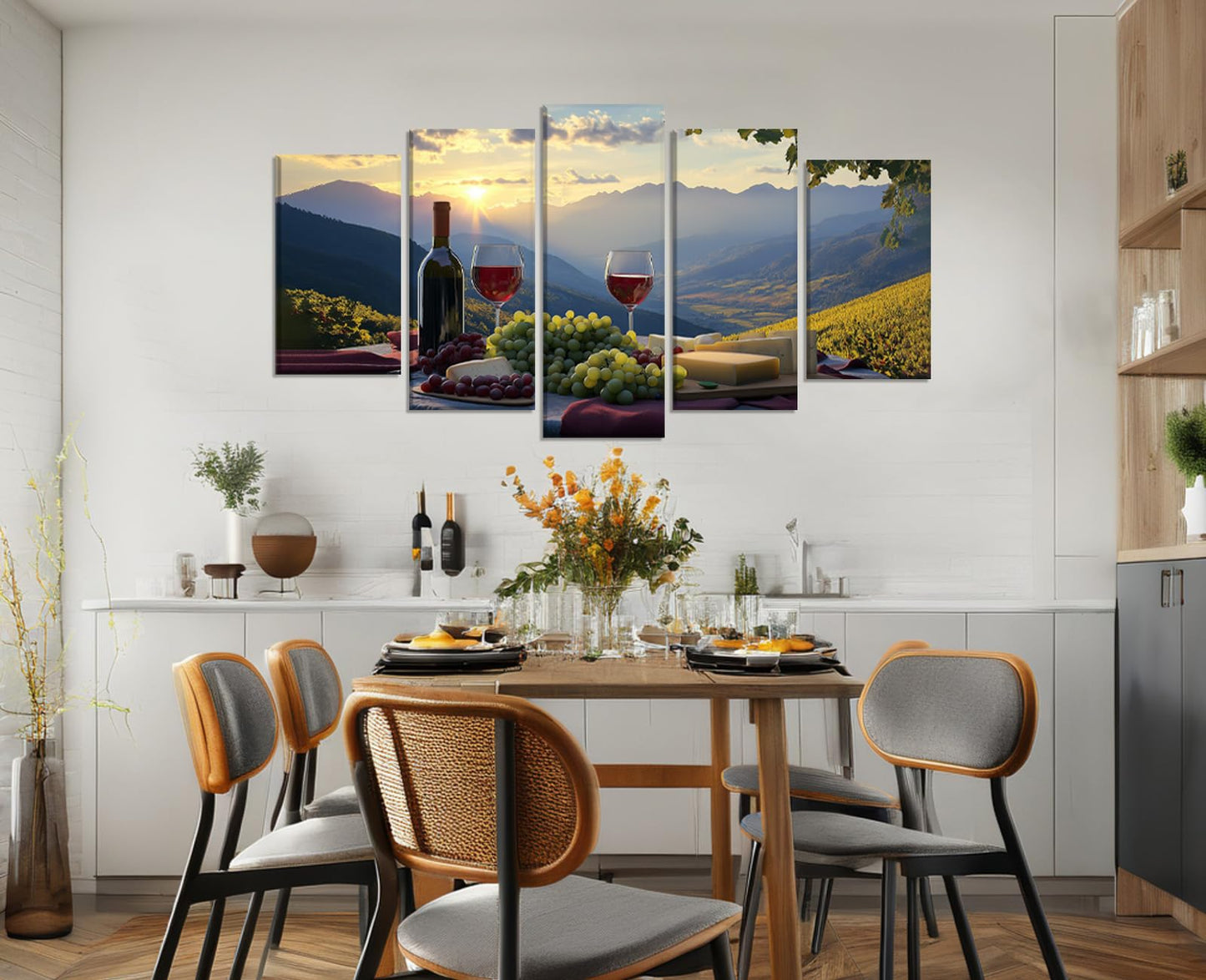 Wine Canvas Wall Art 5 Piece Kitchen Decor Fruit Goblet Painting Prints Mountain Forest Landscape Romantic Poster Bar Restaurant Home Decor Framed Ready to Hang(Wine-4,8x14inx2 8x18inx2 8x22inx1)
