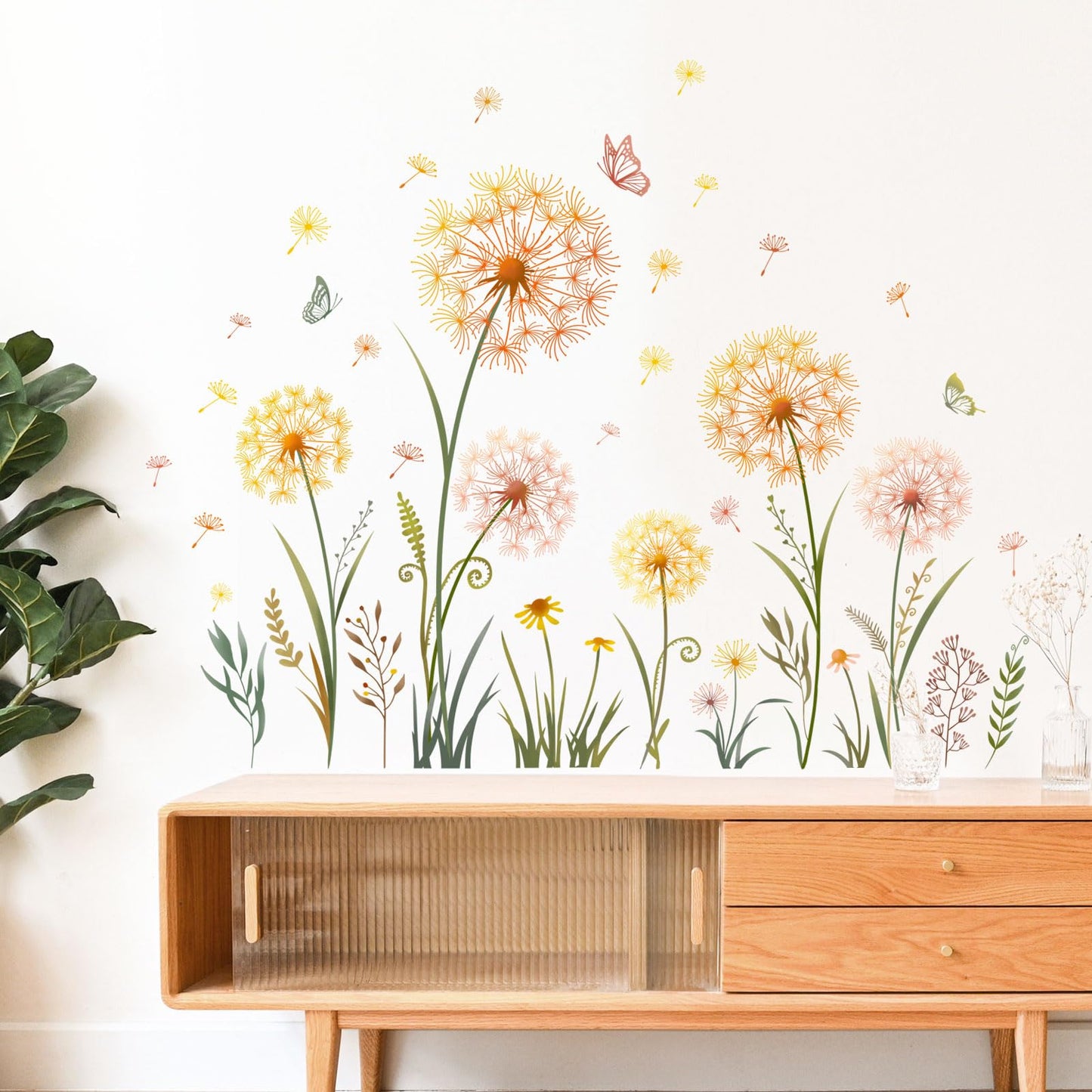 Dandelion Flower Butterfly Wall Decals Gold Dandelion Plants Floral Wall Stickers Peel and Stick Vinyl Wall Art Decor for Living Room Bedroom Office TV Sofa Backdrop Home Decor Gifts for Mom