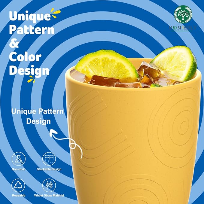 Homienly Drinking Glasses Cups Set of 8 - Wheat Straw Cups | Alternative to Plastic Cup 16 OZ | Reusable Unbreakable Water Tumblers | Dishwasher Safe Drinking Cup for Kitchen - Multi Color