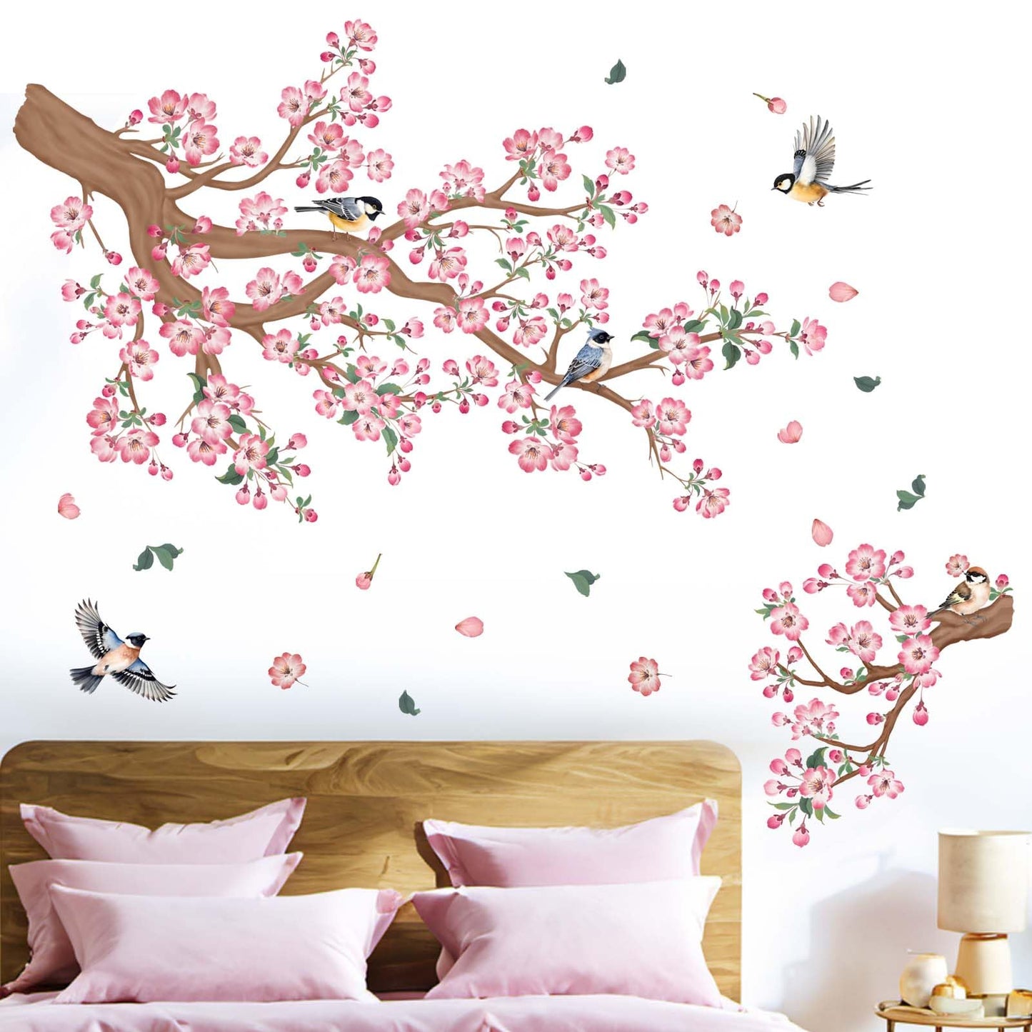 Cherry Blossom Wall Stickers for Bedroom: Peel and Stick Pink Flower Tree Branch Bird Wall Decals - Living Room Bathroom for All Adults