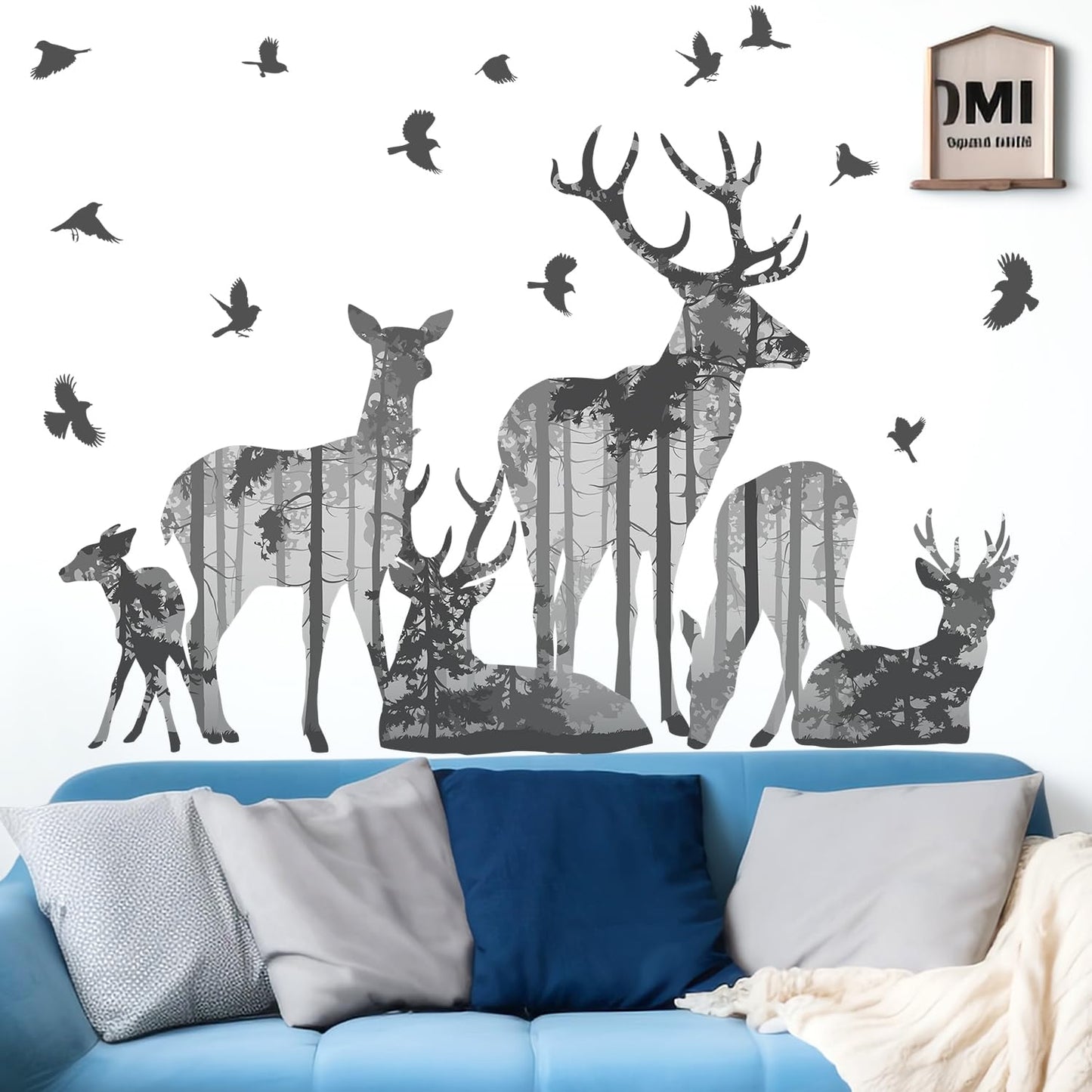 DRWSSR 2 Sheets Forests Silhouette Animals Wall Decals Removable Wild Elk Tree Wall Decals Peel and Stick Vinyl Birds Wall Art Decor for Children Nursery Bedroom Living Room Wall Corner Decor