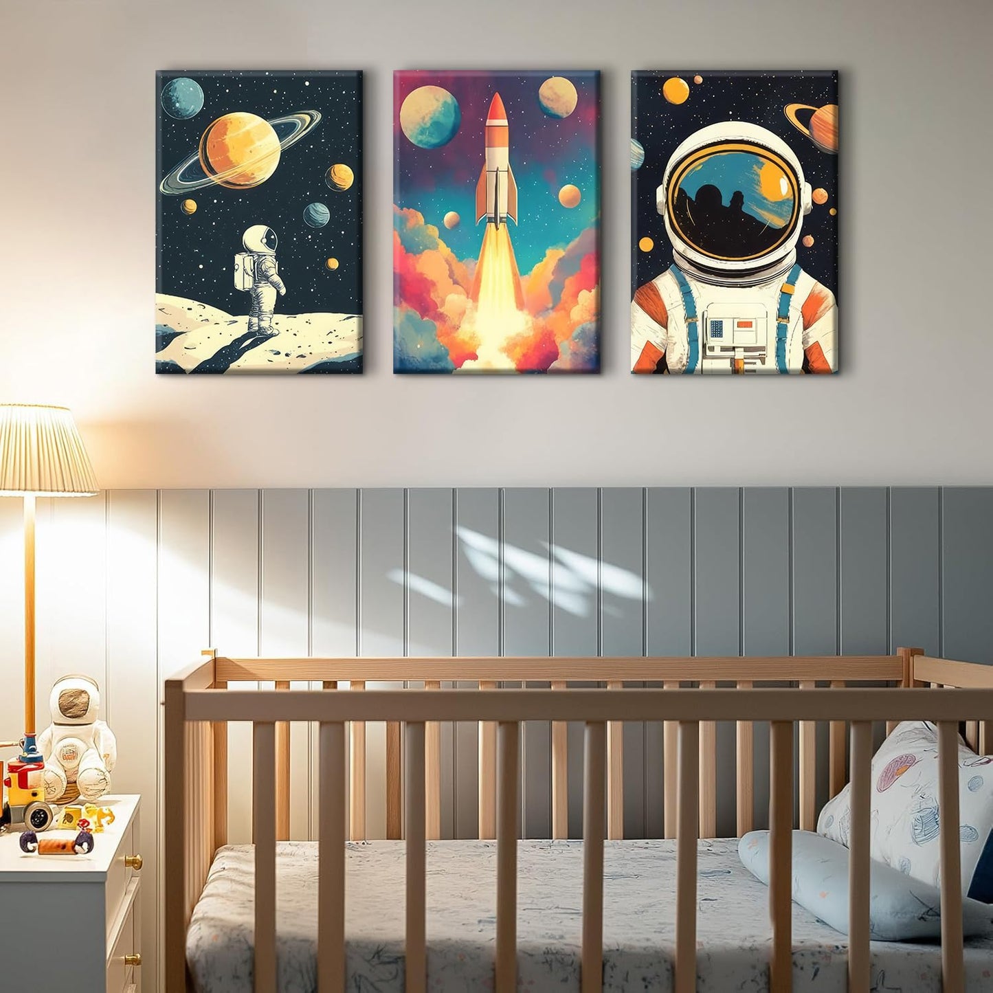 lkjhgf999 3 Pcs Space Canvas Wall Art Nursery Space Astronauts Kid Painting Pictures Wall Decor Explore Dream Galaxy Canvas Prints Artwork for Boys Room Girls Room Kids Room Decoration