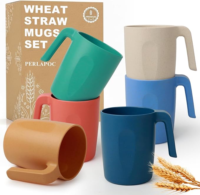 Coffee Mugs Set of 6, Wheat Straw Cups 16 OZ, Unbreakable Coffee Mugs with Handles, Reusable Tea Cup, Microwave Safe & Dishwasher Safe Coffee Tea Cups for Kitchen, Camping, RV, Multi