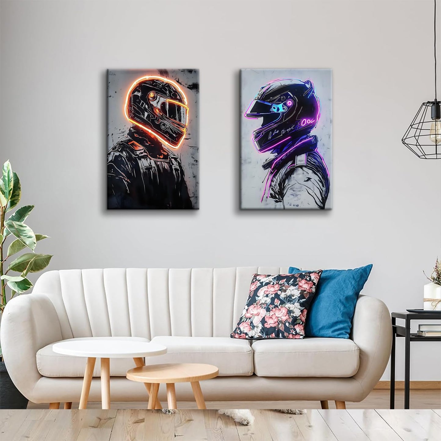 2 Pieces Neon Race Car Driver Canvas Wall Art Racing Helmet Wall Decor Boys Room Poster Prints Esports Room Paintings Pictures for Living Room Bedroom Ready to Hang (12x16in Canvas)