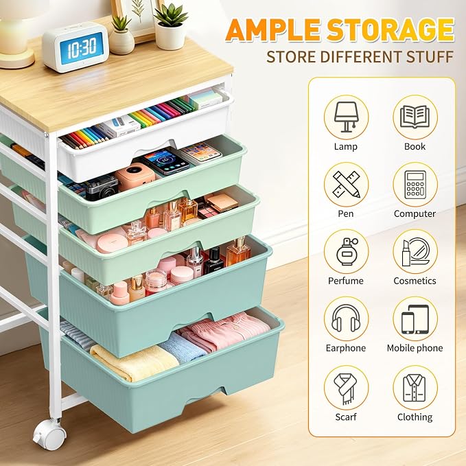 SUNALLY Rolling Carts With 5 Drawers, Storage Drawer Carts with Wooden Tabletop and 2 Lockable Wheels, Rolling Utility Cart for Craft Art Supply Storage & Home Office Organization, Green