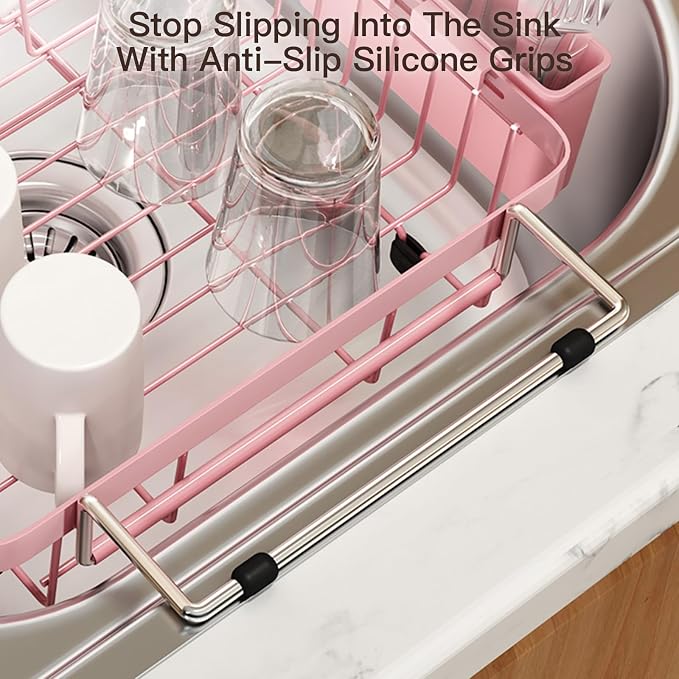 MAJALiS Pink Dish Drying Rack Over The Sink, Expandable Stainless Steel Dish Drainer for Small Kitchen Counter Space Saving, RV Compact Plate Strainer in Metal with Hanging Adjustable Utensil Holder