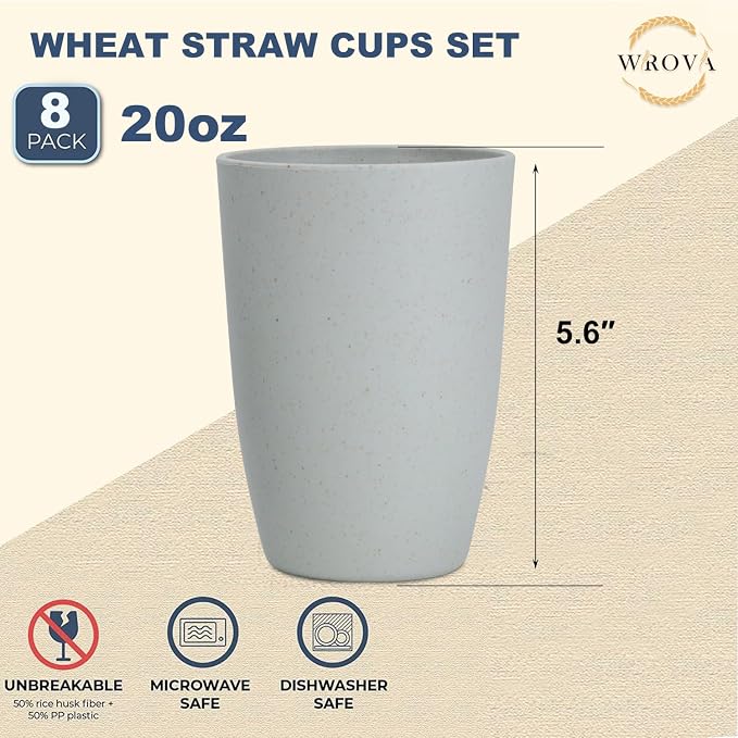 Wrova Wheat Straw Cups 8 PCS Good Alternative to Plastic Reusable Cups 20 oz Unbreakable Drinking Cup Reusable Dishwasher Safe Water Plastic Glasses Light Grey