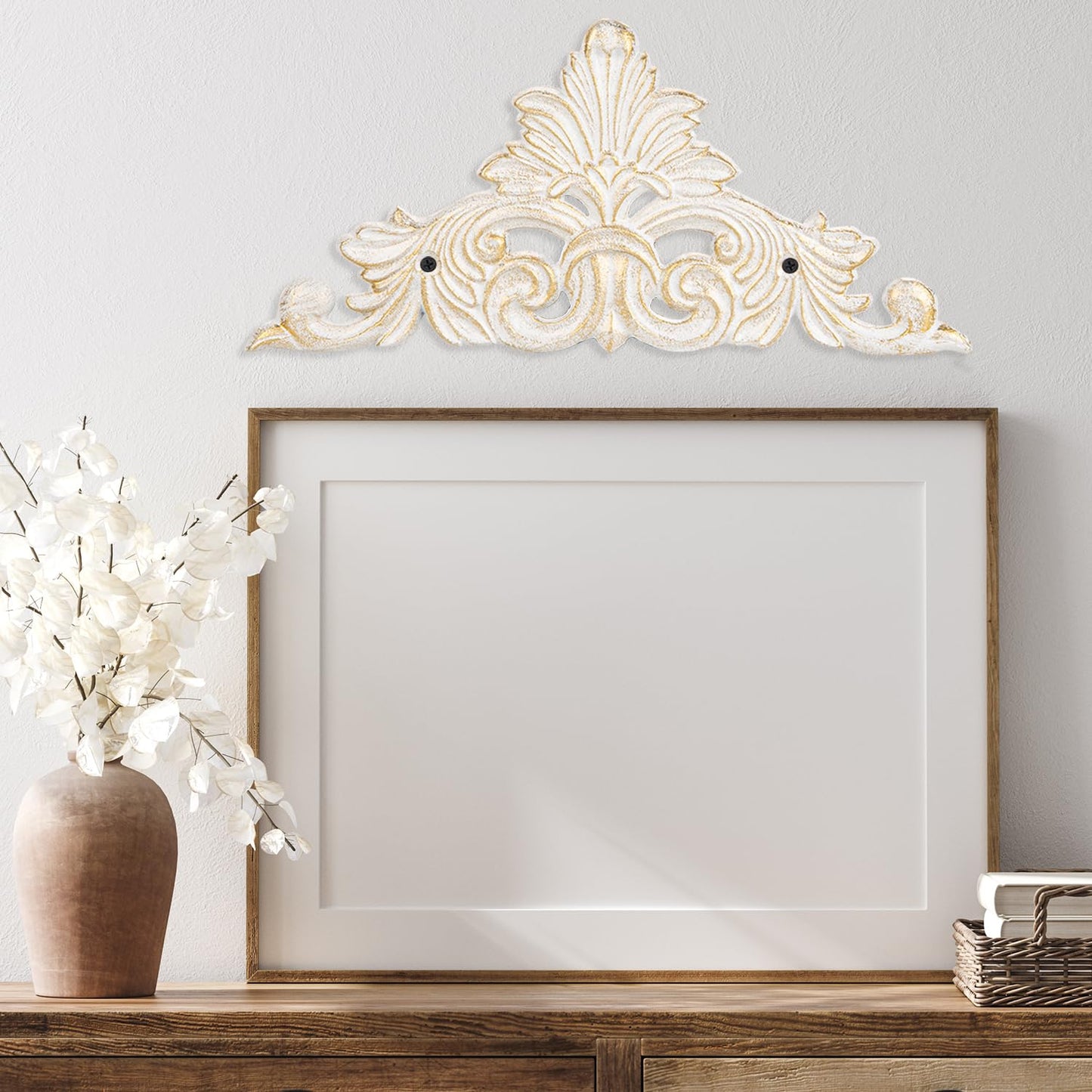 Sungmor Victorian Style Cast Iron Wall Plaque, Antique White Fleur De Lis Design Metal Wall Art Decor - 11.8 Inch Carved Decorative Plaque for Doorway, Fireplace Accent