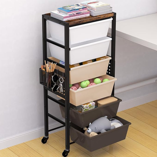 Rolling Cart with Drawers, Rolling Storage Cart with Large Plastic Drawers & Wooden Tabletop, Utility Cart with Pegboards & Basket, Storage Drawers Cart for Living Room, Classroom, Bedroom, Office