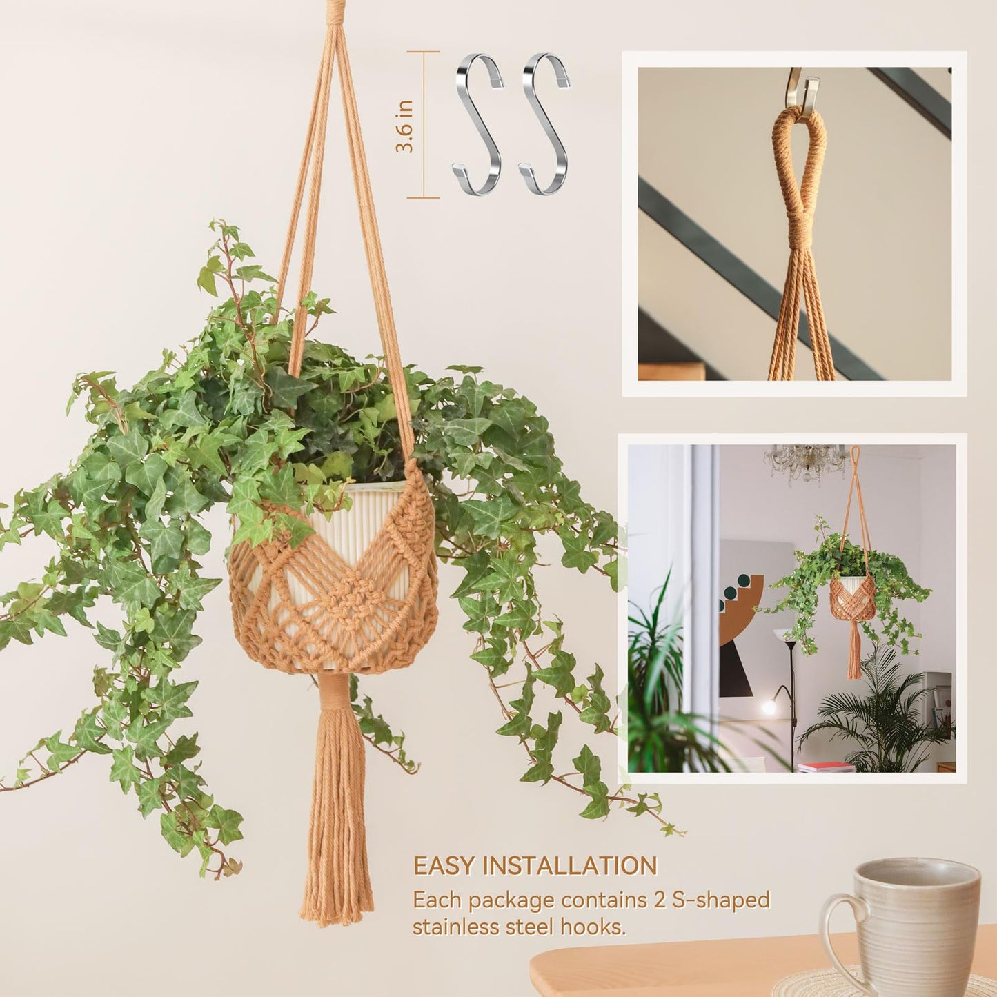 Hanging Planter with Patterns,2Packs Macrame Plant Hangers Indoor Macrame for up to 8 inch Pot Crochet Boho Plant Hanger Holder for Indoor Outdoor with 2S Shaped Stainless Steel Hooks (Caramel)