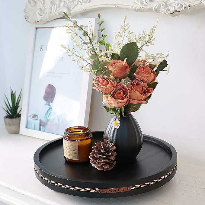Farmhouse Decorative Round Tray, 11.81 Inch, Versatile Centerpiece Tray for Coffee Table Kitchen Living Room Bathroom, Home Decor Accent Black with Stripes