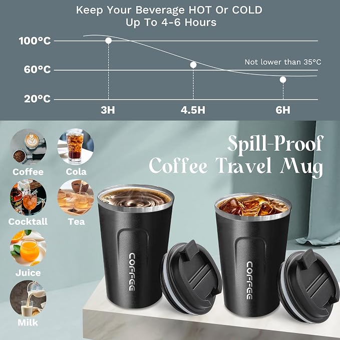 YINBAOGE Insulated Travel Coffee Mug, Spill & Leak Proof, Portable To Go Camping Stainless Steel Coffee Tumbler, Reusable Thermal Coffee Cup with Lid for Hot & Cold Drinks (2nd-Black, 12 OZ)