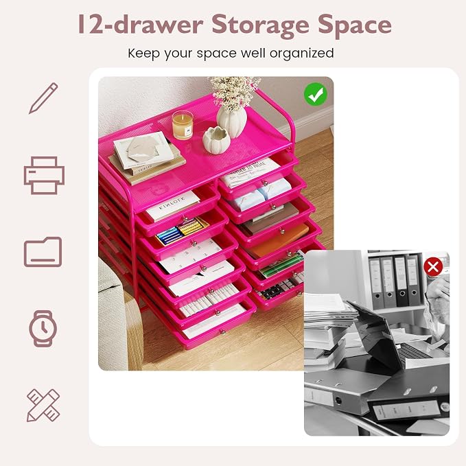 COSTWAY 12-Drawer Rolling Storage Cart, Utility Storage Organizer Cart for Tools, Scrapbook, Paper, Craft, Multipurpose Art Supply Organizer on Wheels for Home Office School, Teacher, Hot Pink
