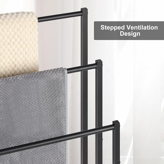 Freestanding Towel Rack for Bathroom, Black Standing Towel Rack Bath Towel Holder Stand Floor 3 Tier Blanket Rack Outdoor Towel Rack Standing Metal Blanket Ladders for The Living Room