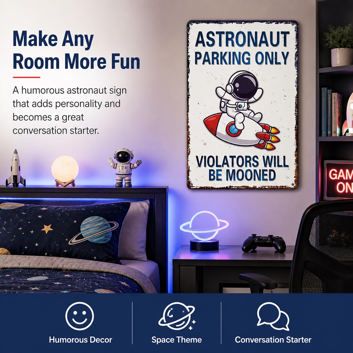 Perfect Space Gifts for Kids - Astronaut Parking Only Sign - Outer Space Themed Decor for Boys Room | Fun Space Poster for Kids Wall Art, 8 x 12 Inch (936)