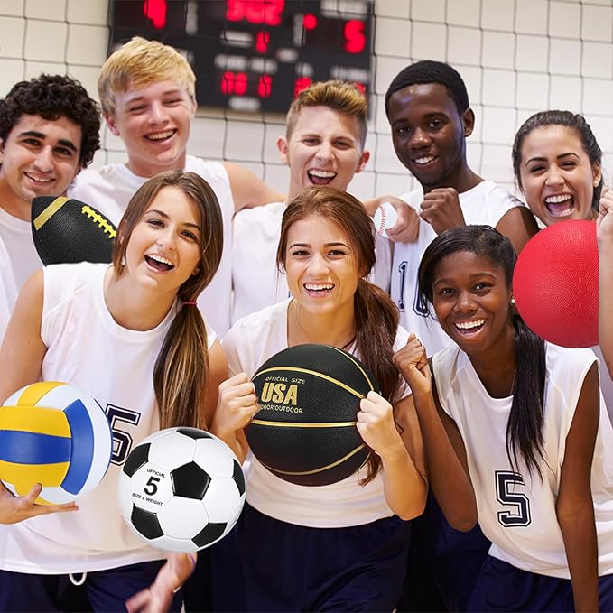 Leyndo 18 Pcs Sport Balls Bulk Set Basketball Football Volleyball Soccer Playground Baseball with Sport Equipment Bag Pump for Outdoor Indoor Practice Gift