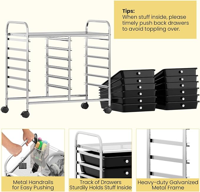 Giantex 12 Drawers Rolling Cart, Mobile Storage Drawer Cart, Classroom Organizer Cart for Office School Supplies Tools Scrapbook Paper Craft Small Printer, Utility Cart on Wheels, Black