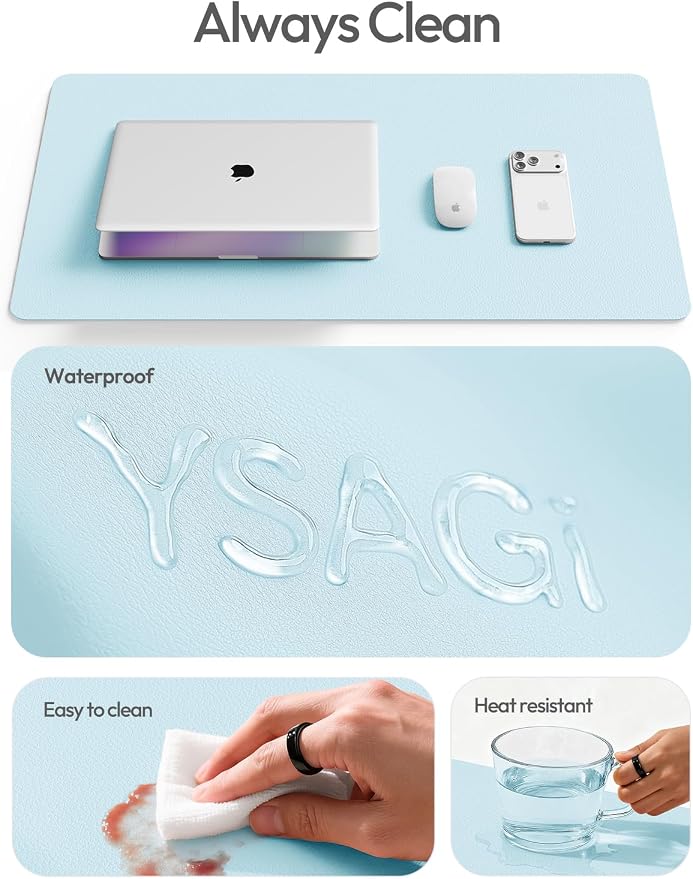 YSAGi Leather Desk Protector, Office Mat, Large Mouse Mat, Non-Slip PU Leather Blotter, Laptop Pad, Waterproof Writing Pad for Office and Home (Baby Blue, 47.2" x 23.6")