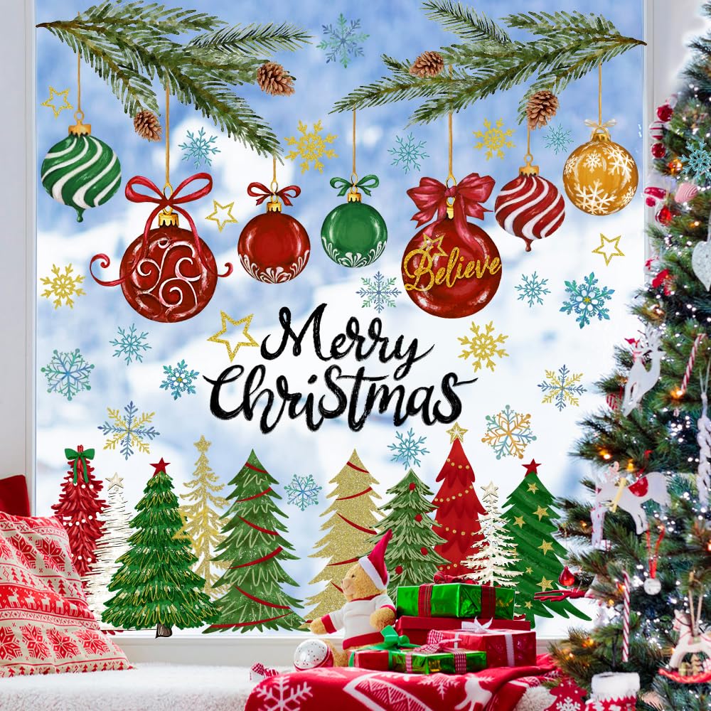 Heirloom Haven 6 Sheets Christmas Window Clings Stickers, Oil Painting Xmas Tree Ball Pine Needle Window's Decals Winter Snowflake Stickers for Home Office Glass Window Decoration