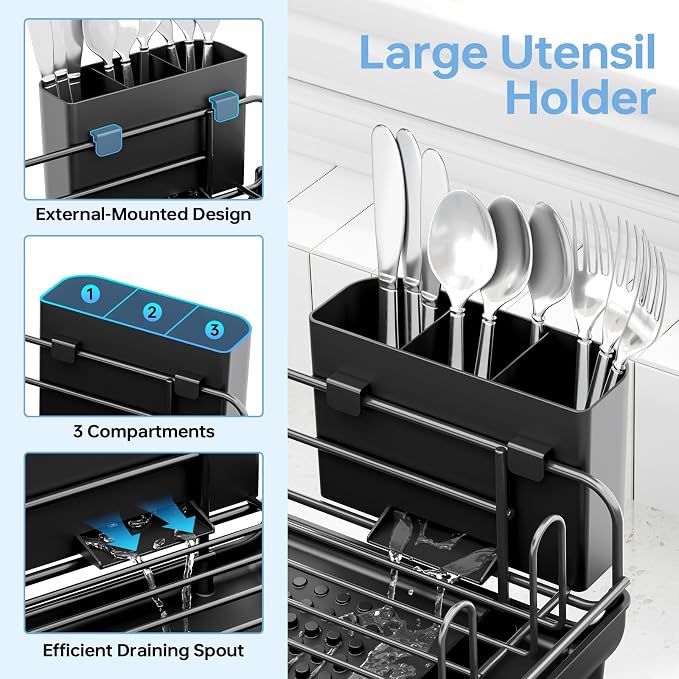 TOOLF Large Dish Drying Rack, Expandable Dish Rack for Kitchen Counter, Multifunctional Dish Drainer, Organization and Storage Essentials with Cup & Cutlery Holders, 16.7"-26.8" L x 12.6" W, Black