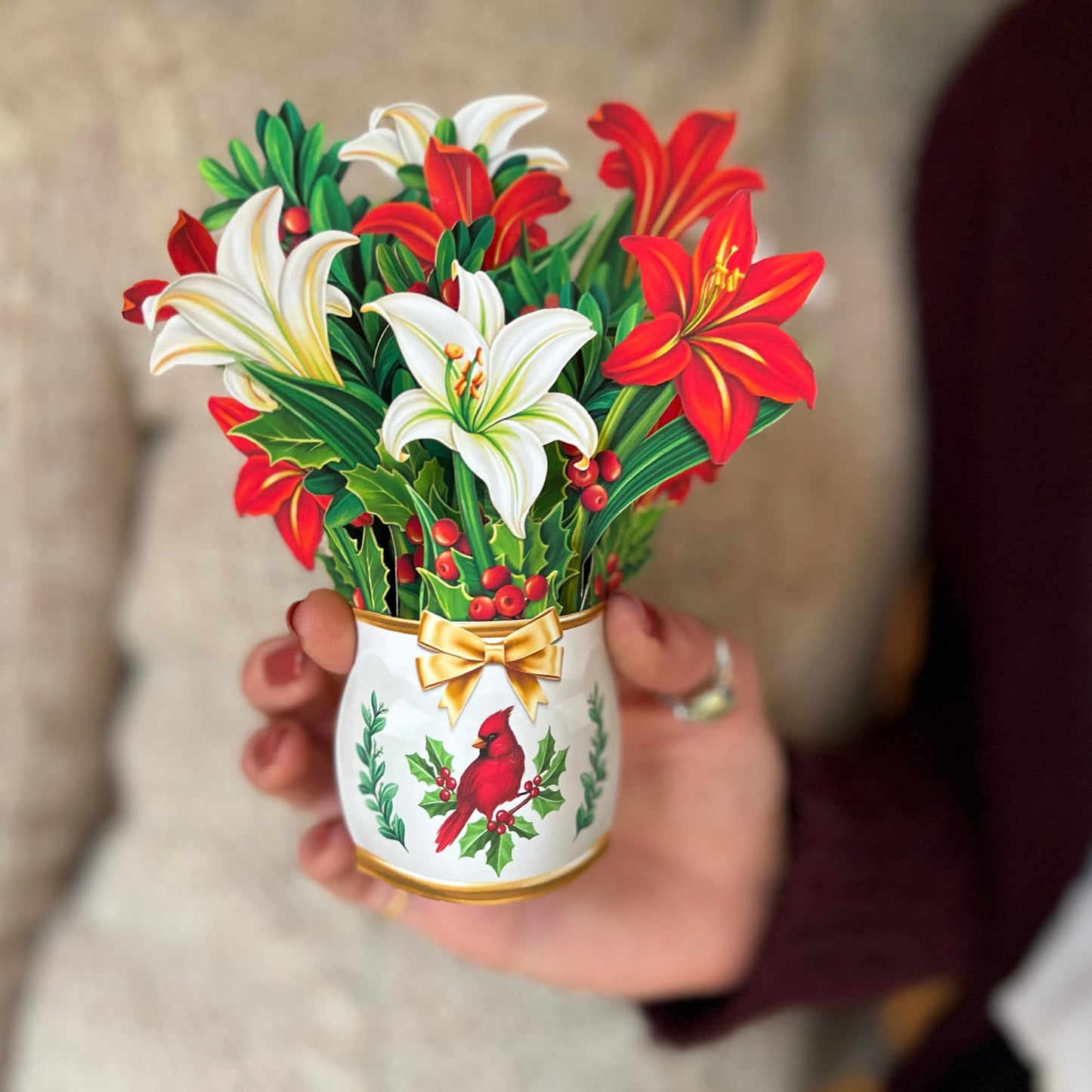 Freshcut Paper Pop Up Cards, Mini Winter Joy, 6 inch Mini Sized Paper Flower Bouquet 3D Popup Greeting Cards, Christmas Card, Holiday Card, Blank Notecards & Envelopes, Pack of 5