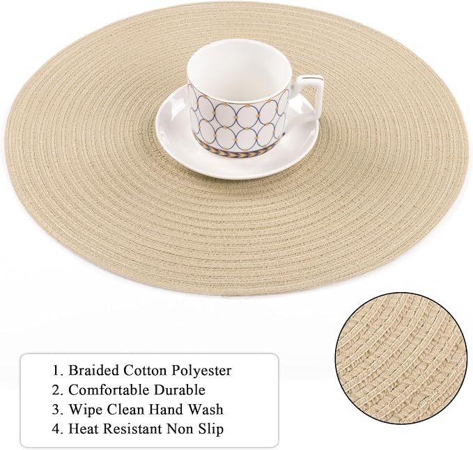 SHACOS 15 inch Round Placemats Set of 8 for Dining Table Cotton Polyester Braided Place Mats Washable Kitchen Table Mats for Dinner Party Table (Light Beige, 8)