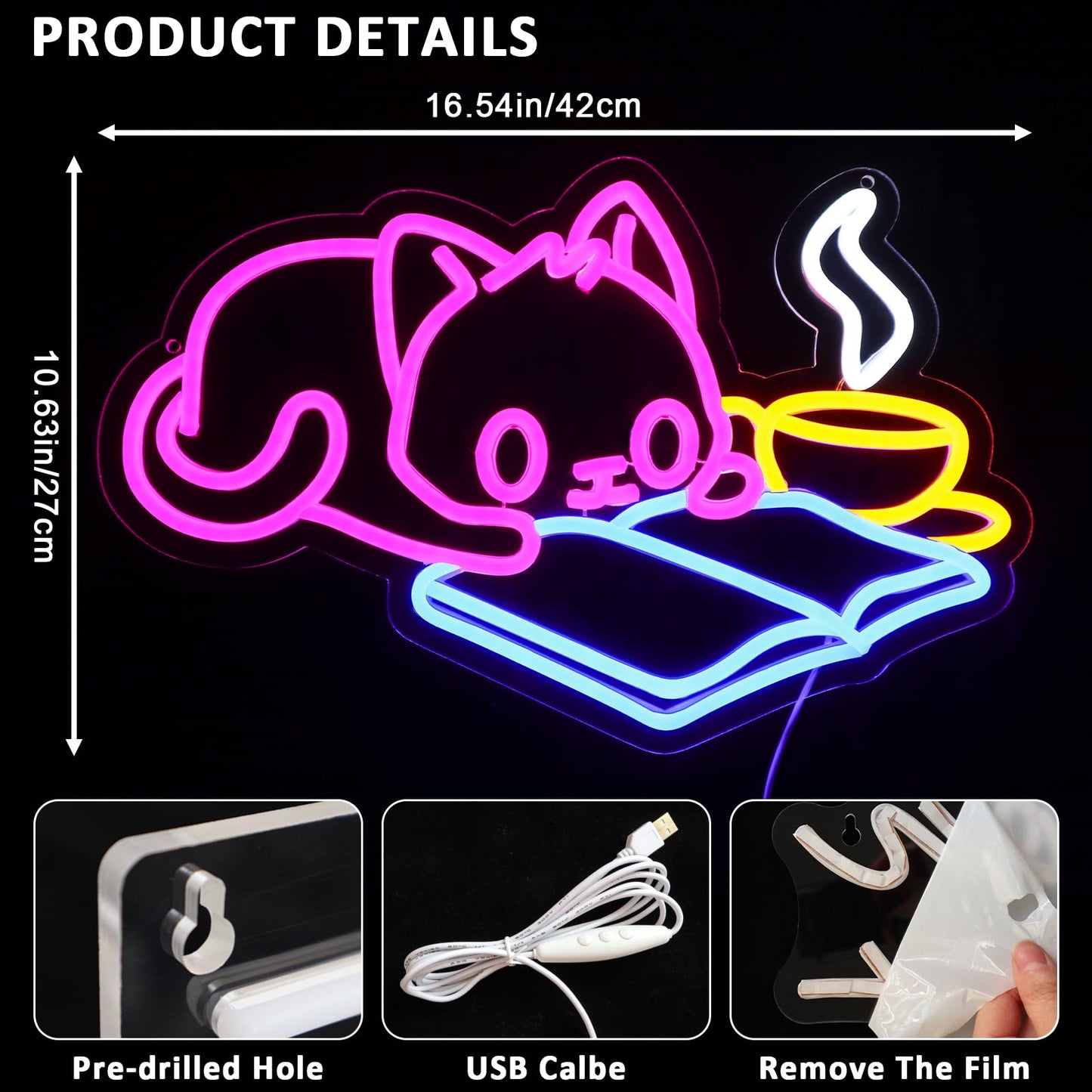 PMCVYH Cat Reading Book Neon Sign for Wall Decor, Cute Cat Led Signs for Library, USB Dimmable Neon Lights for Classroom Reading Cafe Corner Bedroom Study Room Home Book Club Motivational Wall Art