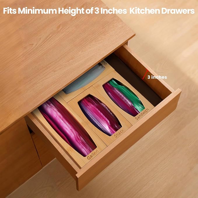 CRAKTH Bamboo Plastic Bag Storage Organizer for Kitchen Drawer, 4 Separate Baggie Organizer, Suitable for Gallon, Quart, Sandwich & Snack Variety Size Bag