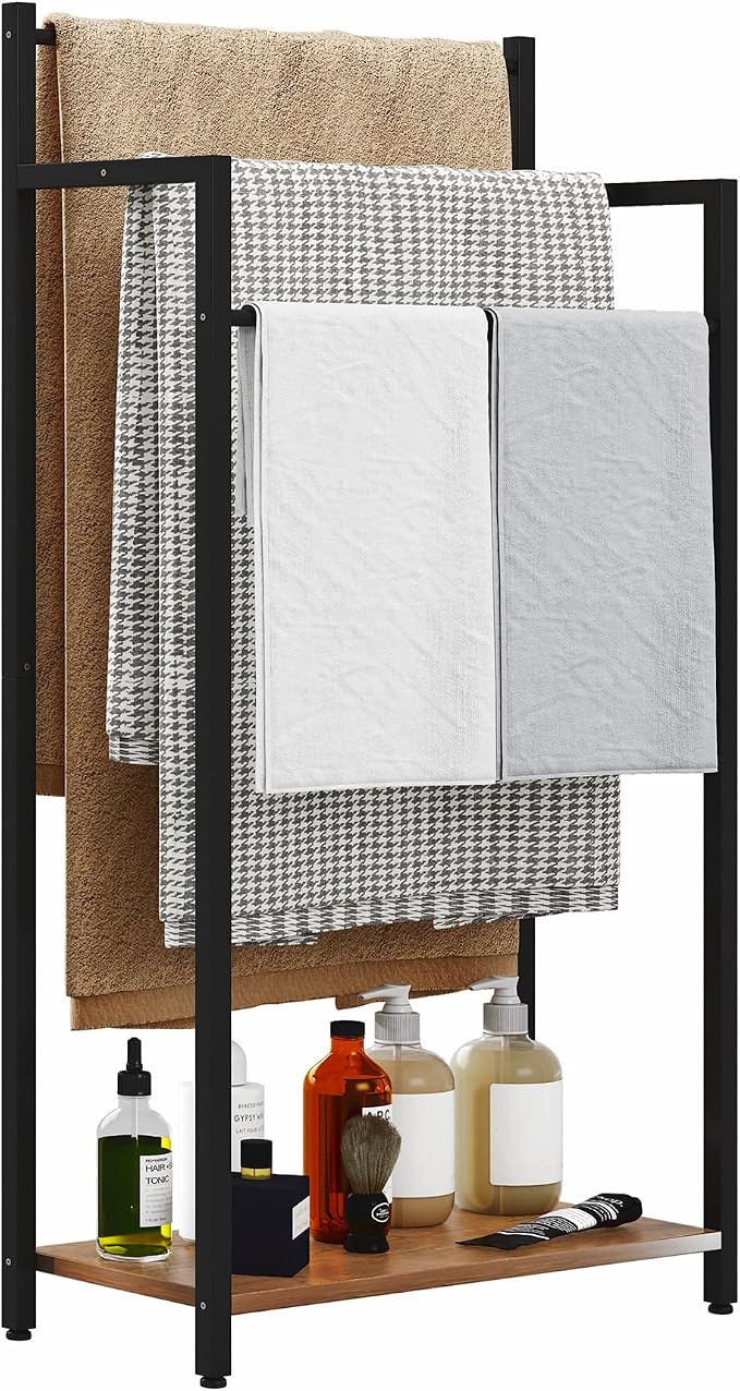 Freestanding Towel Rack, 3 Tier Blanket Ladder Stand with Rustic Brown Wooden Shelf for Bathroom Living Room (31.5" H x 16.9" W x7.9 D)