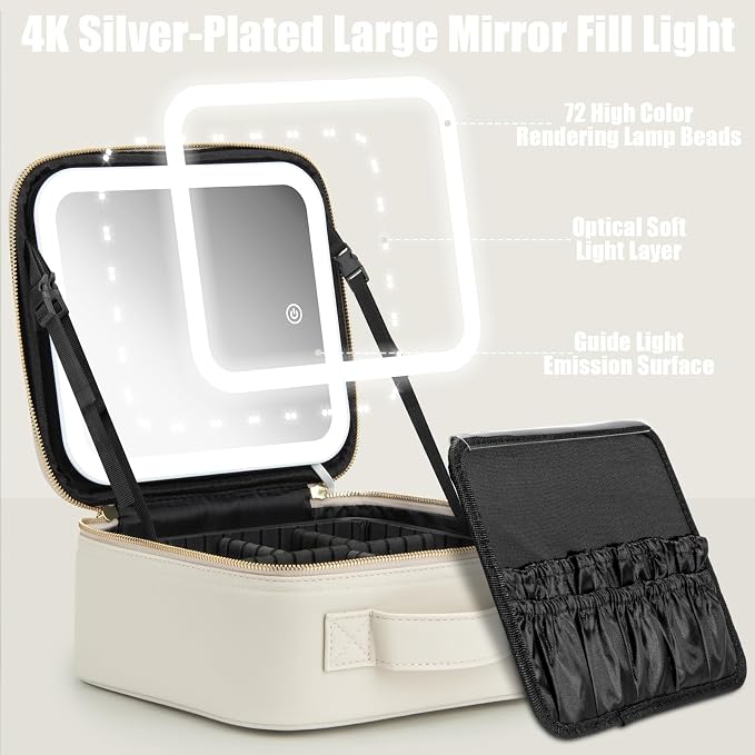Extrei Gent Makeup Travel Train Case with Mirror LED Light 3 Adjustable Brightness Large Cosmetic Bag Portable Storage Adjustable Partition Waterproof Make up Brushes Makeup Jewelry Gift for Women