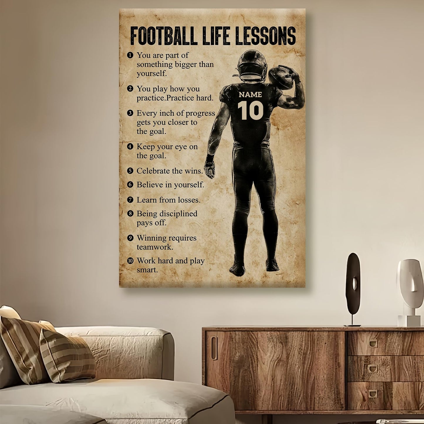 HYESANGNY Personalized Football Life Lessons Canvas Wall Art, Custom Motivational Canvas Prints with Your Name & Numbers, Inspirational Sports Gifts for Football Lovers, Athletes Bedroom Decor