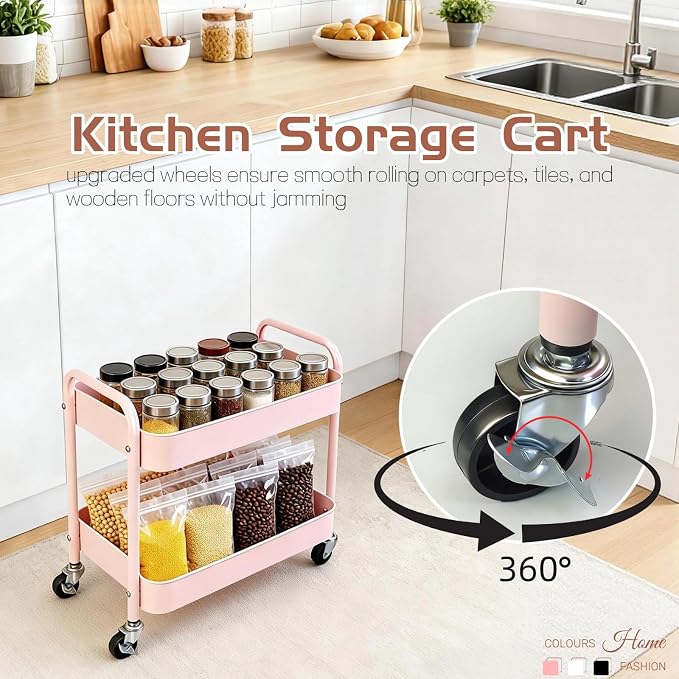 2 Tier Pink Rolling Cart with Wheels for Under Desk Storage, Large Capacity Rolling Pantry & Kitchen Storage Cart for Small Space, Sturdy Metal Bathroom Shelf Laundry Room Organization
