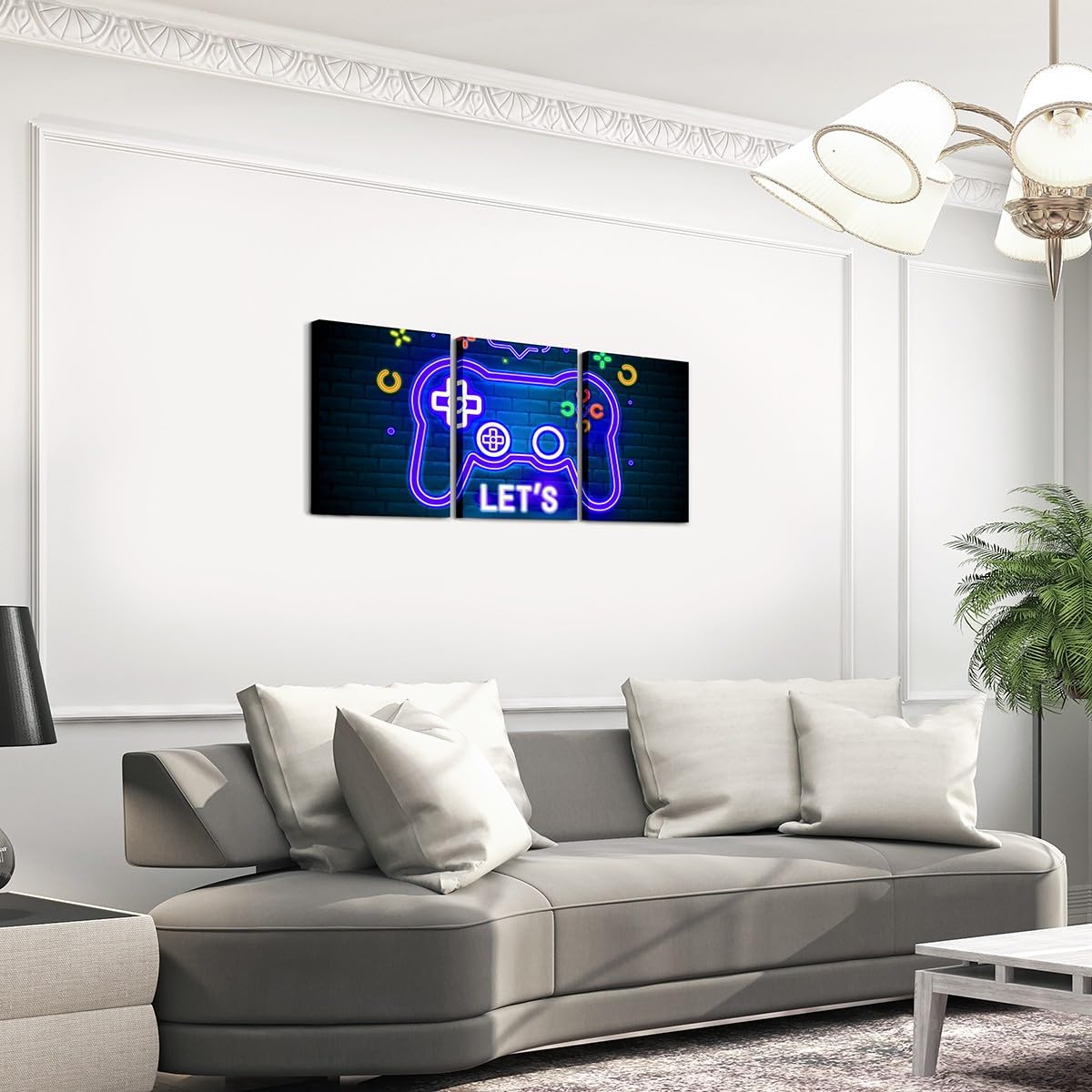 Feelyou 3pcs Blue Gamer Canvas Wall Art for Living Room Gaming Picture Wall Decor for Dining Room Bedroom Bathroom Neon Game Controller Wall Art Kitchen Print Painting for Boys Game Home Decorations