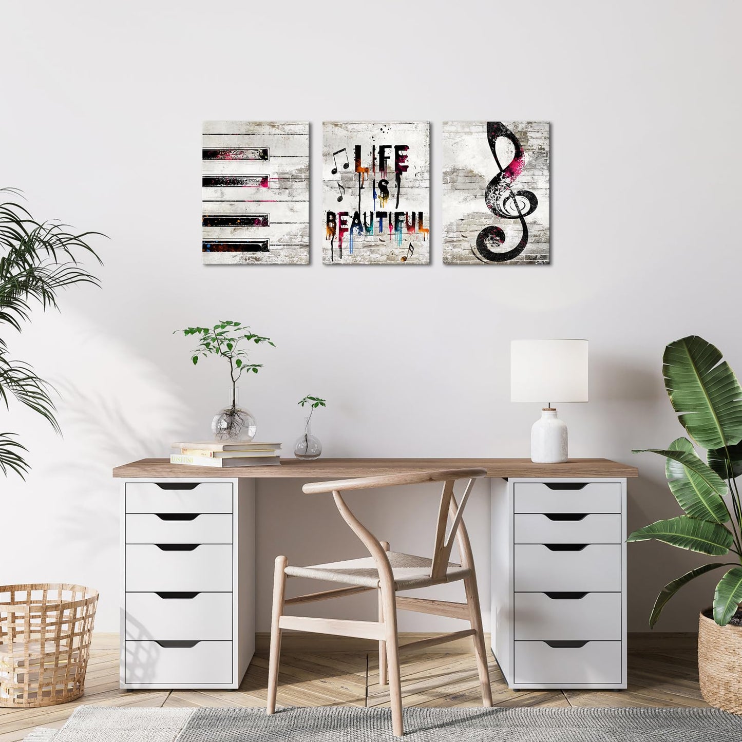 iHAPPYWALL 3 Pieces Music Canvas Wall Art Piano Keys with Musical Note Picture Painting Life is Beautiful Quote Canvas Prints Framed Home Decor