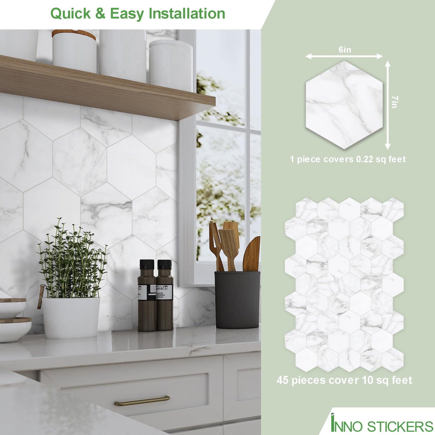 INNO STICKERS 45-Sheet Hexagon Peel and Stick Backsplash, 6" x 7" White Calacatta Marble Looks Self Adhesive Wall Tile, Stone Composite Stick on Decorative Mosaic Tile for Kitchen Bathroom Fireplace