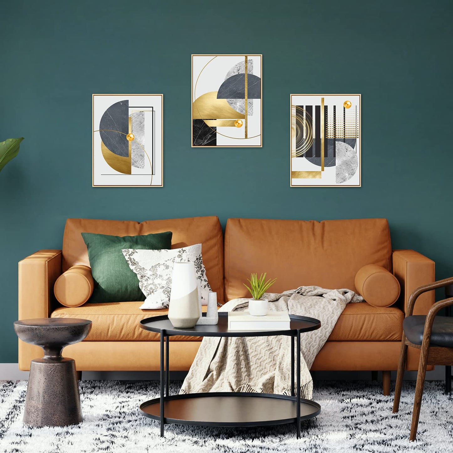 3Pcs Black Gold Canvas Wall Art Decor, Abstract Framed Painting Poster Print Nordic Luxury Geometric Artwork for Living Room, Marble Wall Painting for Bedroom Dining Room 12x16 in