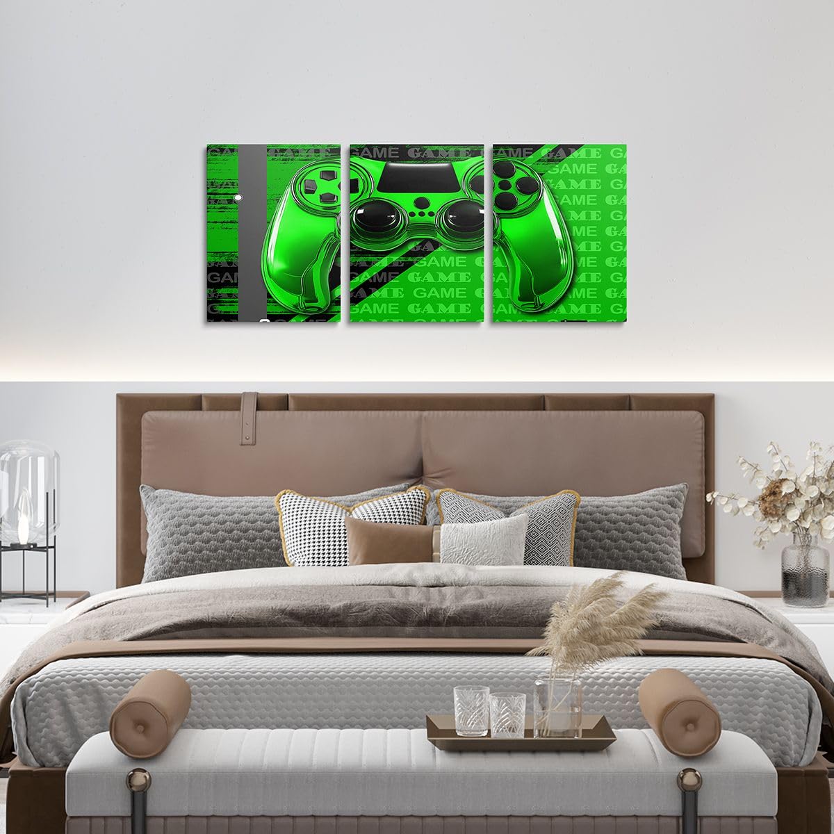 Feelyou Gamer Canvas Wall Art 12" x 16" 3 Piece Game Controller Office Wall Artwork Posters for Teens Adults Gaming Gifts Bathroom Wall Art for Home Gamepad Green and Black Wall Painting