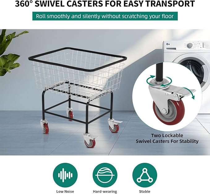 4.5-Bushel Rolling Laundry Cart with Wheels Durable Metal Wire Laundry Basket Heavy-Duty Large Steel Storage Basket with Galvanized Finish, for Commercial or Home Laundry Use