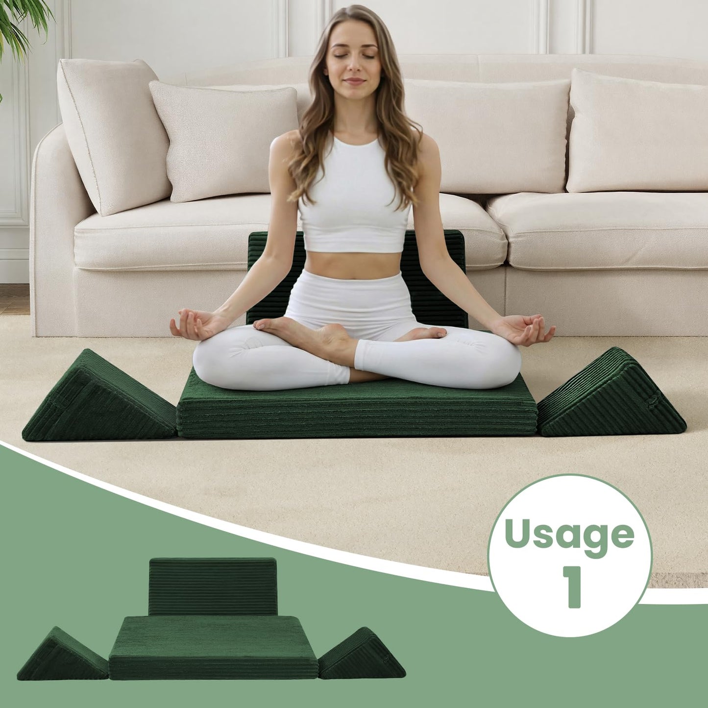 PRIMEPATIO Meditation Cushion Set, Meditation Pillow for Sitting on Floor, Large Yoga Pillow with Knee Support, Washable Zafu Meditation Mat, 3 Shapes Floor Pillow for Adults, Green
