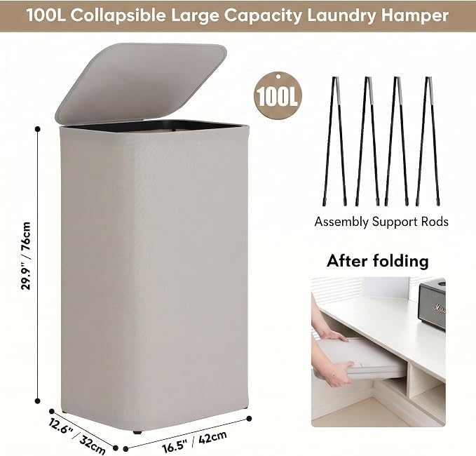 DOKEHOM 100L Laundry Hamper with Lid, Large Collapsible Laundry Basket with Removable Mesh Liner Bag, Collapsible Clothes Sorter for Bedroom, Bathroom, College Dorm, Light Grey