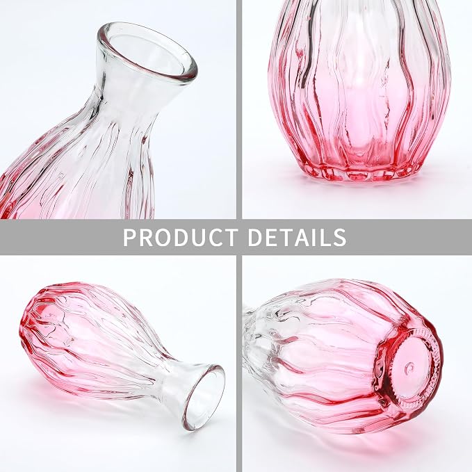 Mapoxy Glass Bud Vases Set of 4,Small Pink Flower Vases for Wedding Centerpiece Table Decorations,Clear Vintage Embossed Mini Vases,Flower Arrangements in Vases for Party or Home Decor