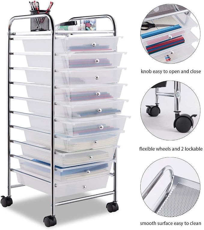 Giantex 10 Drawer Rolling Storage Cart Scrapbook Paper Office School Organizer (Clear)