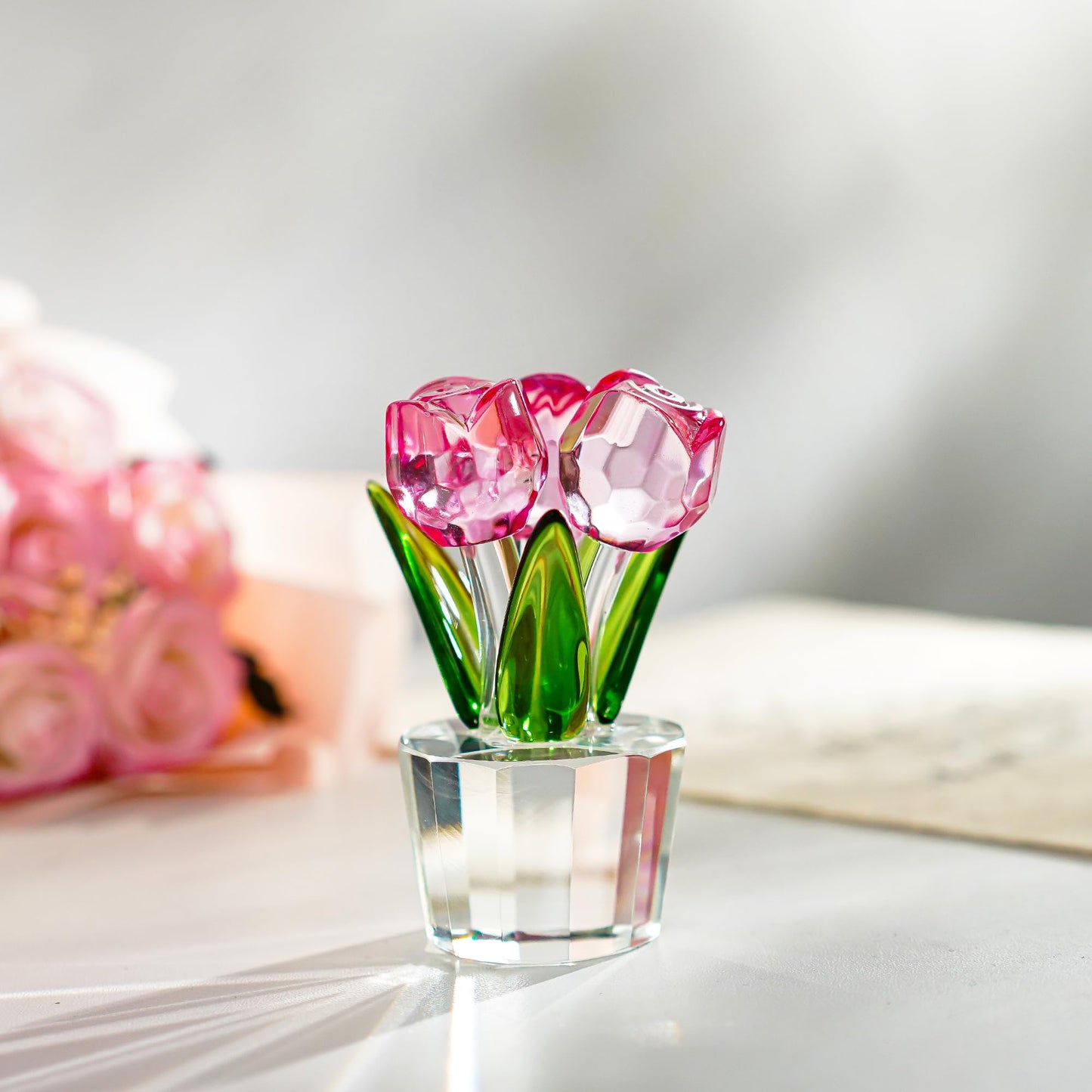 KRISININE 3.2 * 2in Crystal Pink Rose Flower Figurine Romantic Gifts for Wife Girlfriend Mom on Birthday Wedding Home Decorations